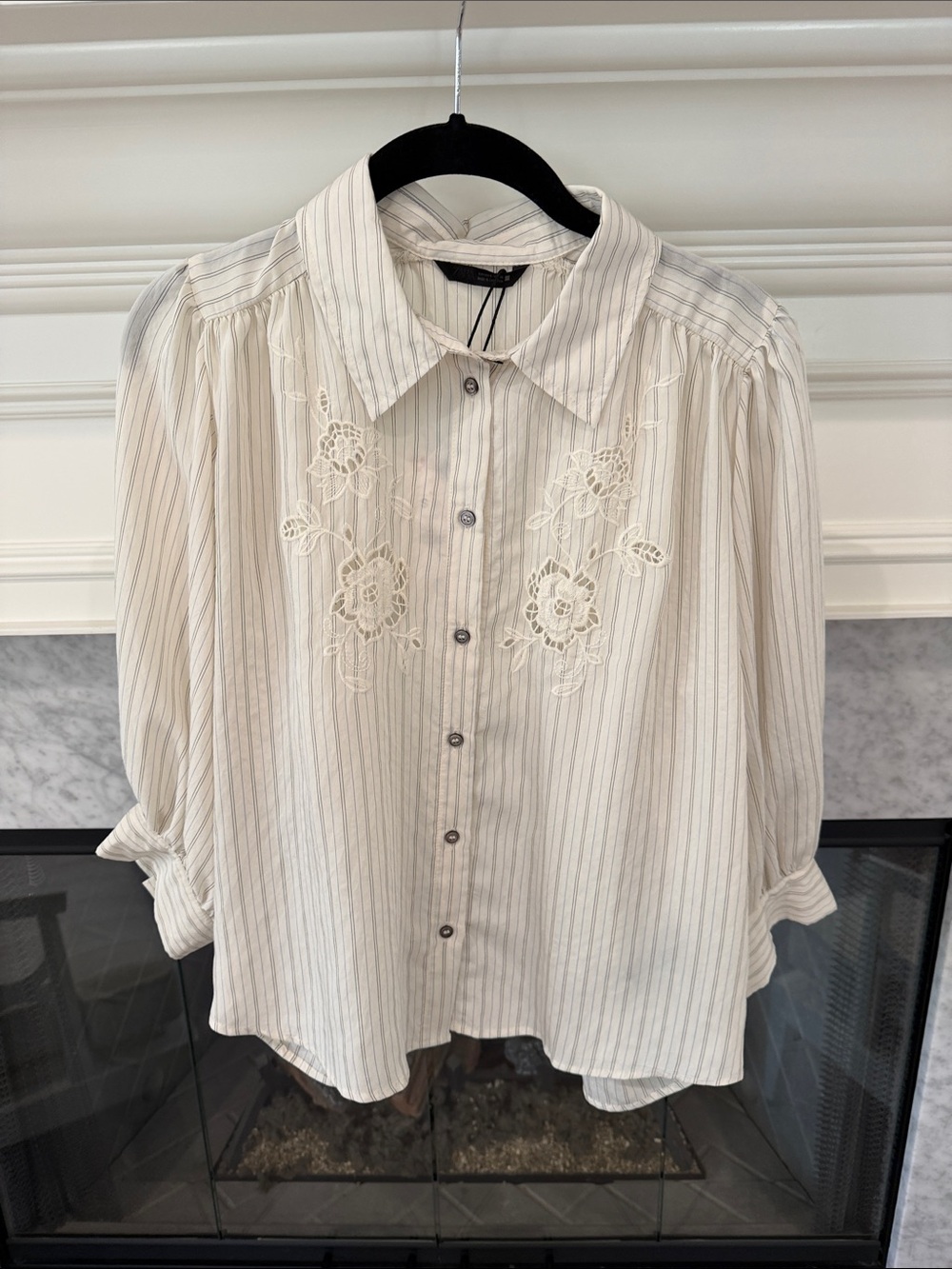 ZARA, Women's Cream Striped Button-Front Blouse with Floral Embroidery